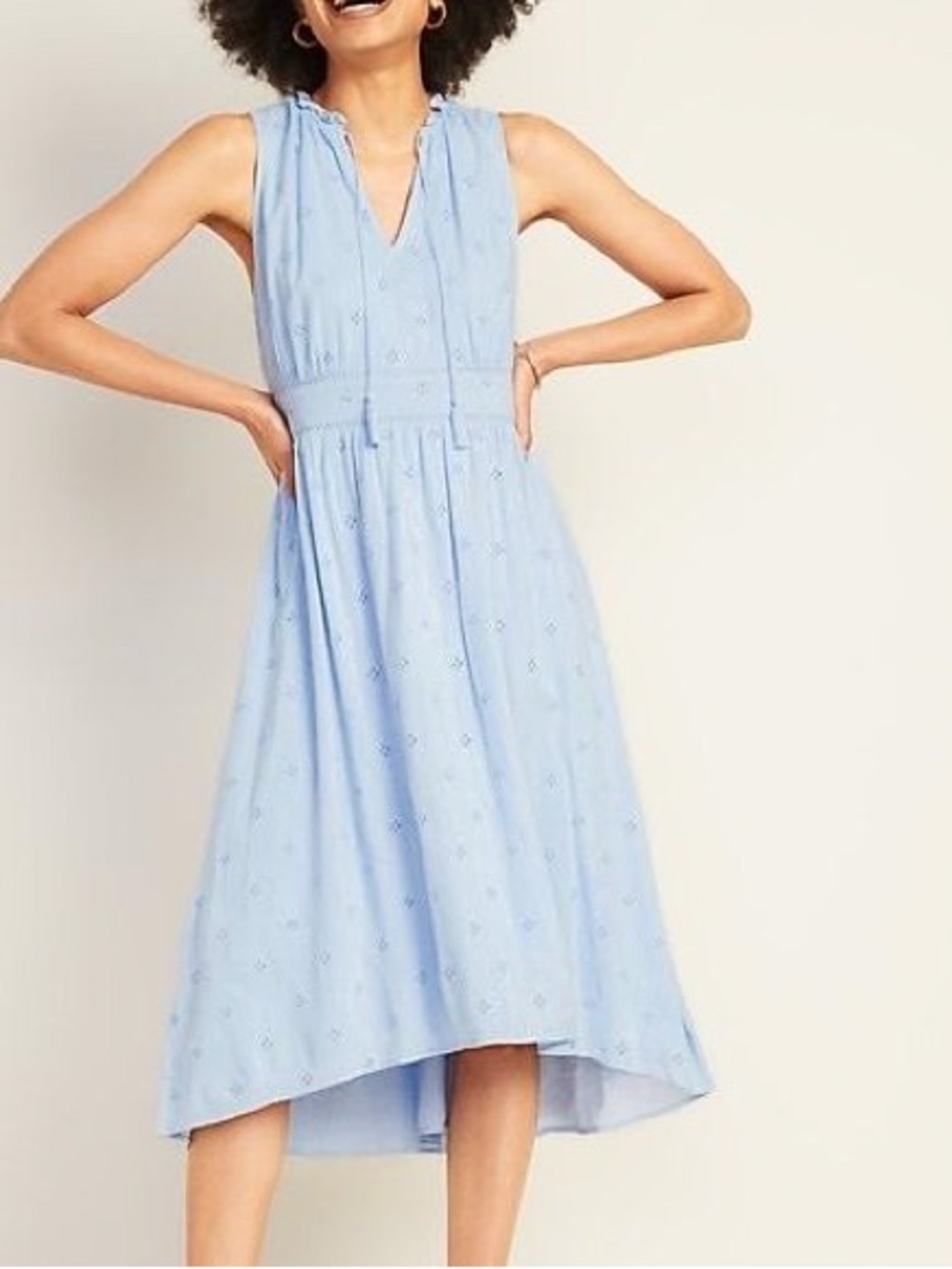Old Navy Light Blue V Neck Eyelet High-Low Midi Dress